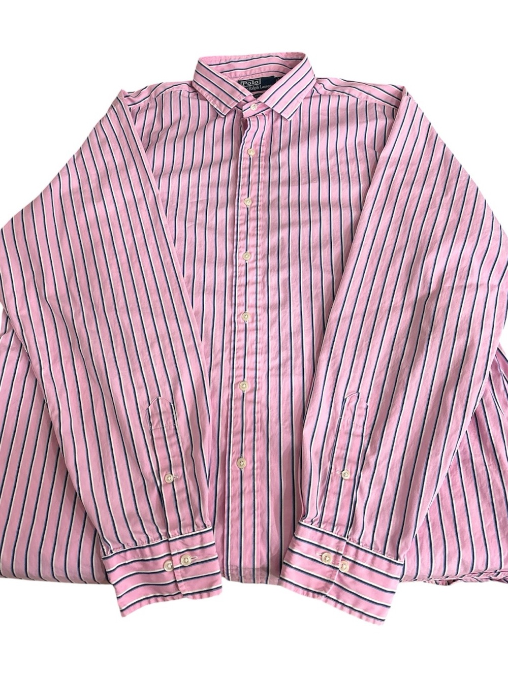 Men’s Ralph Lauren Pink Striped Button Down Shirt Size XLarge Blue Pony 17 1/2